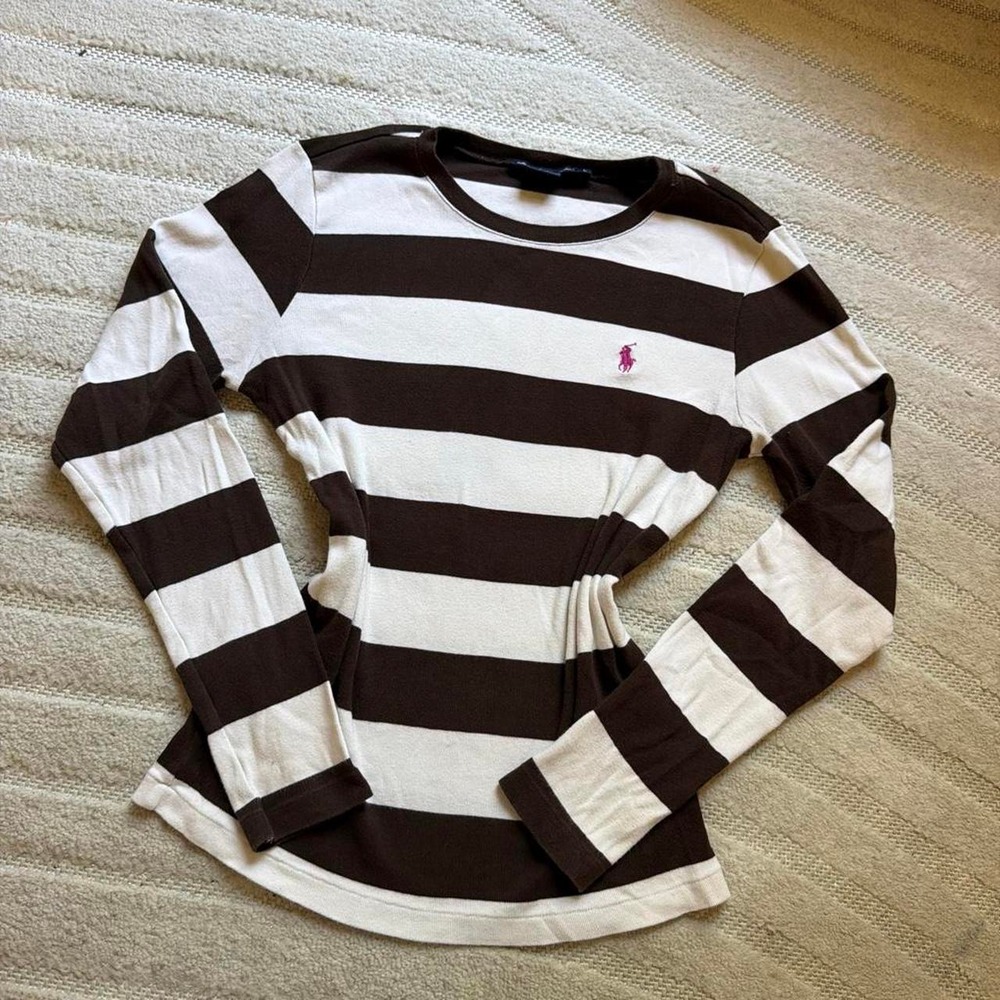 VTG Y2K Polo Ralph Lauren brown white horizontal striped shirt size L Preppy